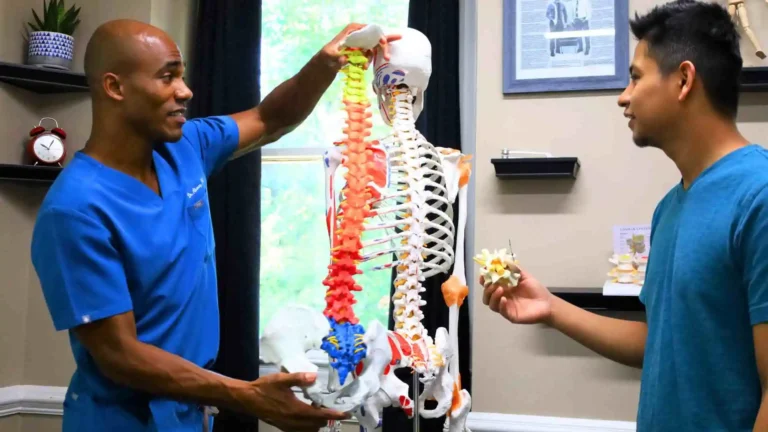 Chiropractor performing spinal adjustments on a patient to improve posture and relieve tension.