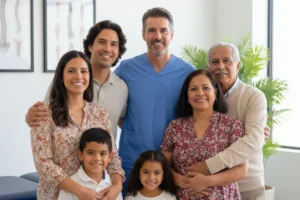 Doctora quiropráctica ajustando suavemente la espalda de un bebé en consulta pediátrica, mostrando el cuidado tierno y profesional.