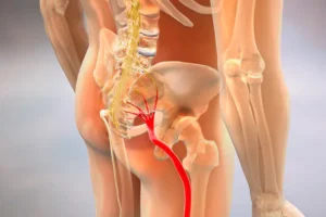 Persona con gesto de dolor tocando la espalda baja y la pierna debido a dolor de ciática causado por irritación del nervio ciático.