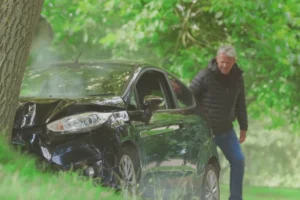 Persona en proceso de recuperación de accidentes tras un choque, recibiendo evaluación corporal por dolor de cuello y espalda.