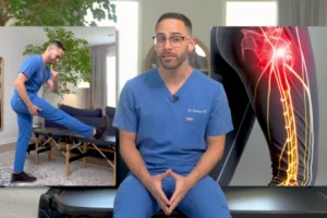 Persona con dolor que baja desde la espalda baja hacia la pierna mostrando síntomas de ciática como hormigueo y ardor.