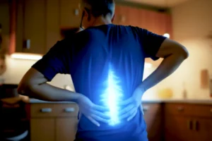 Persona con dolor en la espalda baja que se irradia hacia la pierna por hernia discal, mostrando presión sobre el nervio ciático.