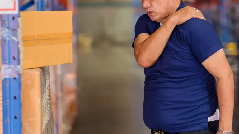 Trabajador sujetándose la espalda baja después de levantar peso en el trabajo debido a una lesión lumbar laboral.