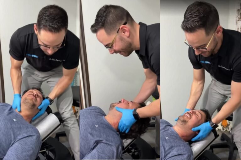 Dr. Sam Feinberg realizando ajuste cervical a paciente latino en clínica ChiroDuo de quiropráctico para accidente de auto en Raleigh